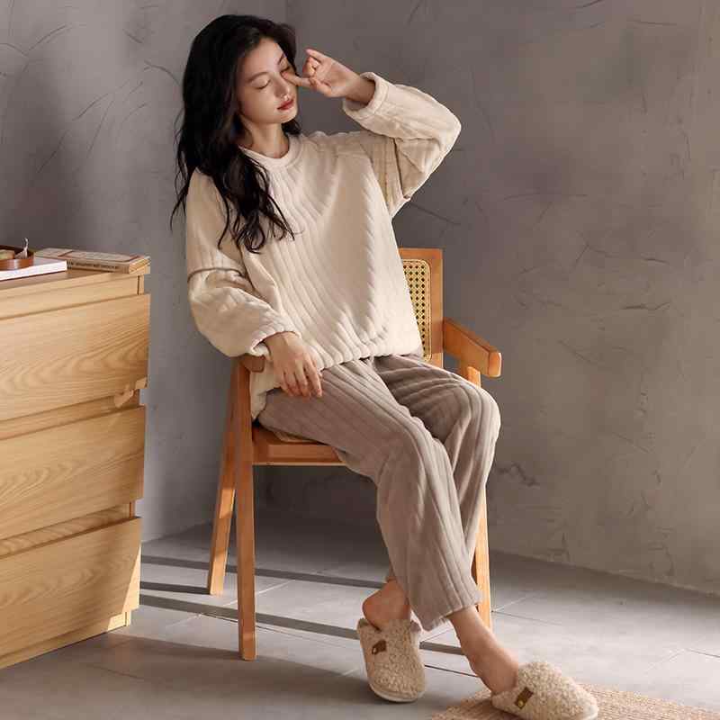 パジャマ レディース 秋冬 フランネル 厚手 保温 あったか プルオーバー 長袖 ルームウェア 上下セット 韓国風 シンプル 部屋着 ワンマイルウェア