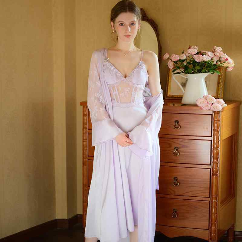 ルームウェア レディース パジャマ セクシー キャミソール カップ付き 2点セット ロング丈 接触冷感 フレンチスタイル 春夏 部屋着 ナイトドレス スリップ ポリエステル ライトパープル アプリコットカラー