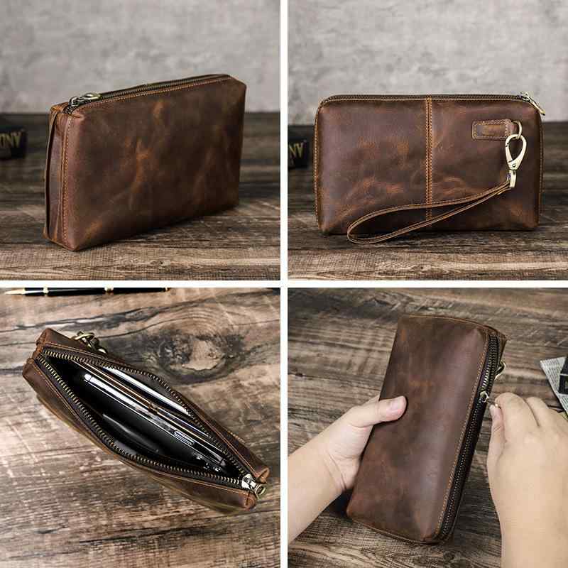 スマートフォンケース クレイジーホースレザー 本革 レトロ コーヒーブラウン ファスナー 大容量 手持ち ポーチ 小物入れ 収納 普段使い 旅行用