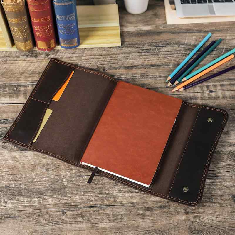 ノートカバー A5サイズ 牛革 フルグレインレザー 本革 レトロ フラップ式 ハンドメイド コーヒーブラウン オフィス ビジネス 高級感 男女兼用 仕事用