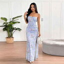 ワンピース レディース ピュアセクシー フェミニン オープンバック シアー キャミソール スリット 小花柄 タイト ミディ丈 春夏 ポリエステル 伸縮性 ブルー
