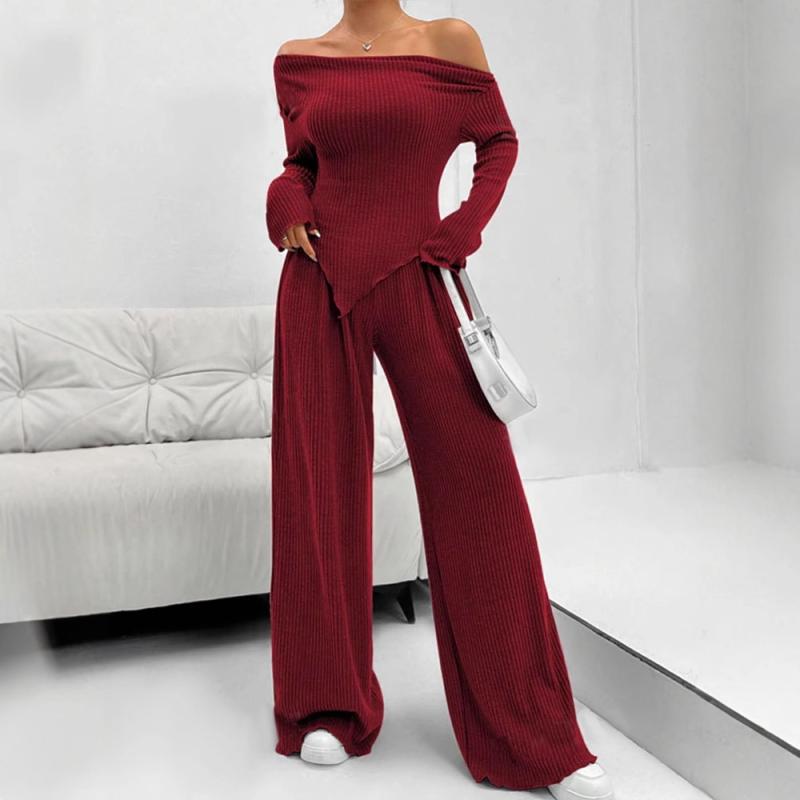 パンツセットアップ レディース 春夏 オフショルダー 長袖 トップス ワイドパンツ 2点セット 無地 リブ ポリエステル スパンデックス ゆったり 快適 カジュアル ストリート
