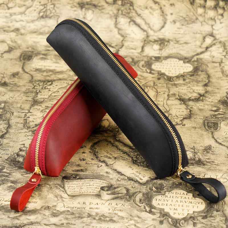 ペンケース 男女兼用 ユニセックス 本革 クレイジーホースレザー 牛革 楕円形 ロング 大容量 シンプル ..