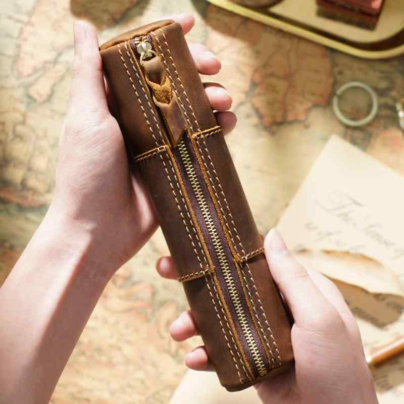 ペンケース 男女兼用 本革 クレイジーホースレザー レトロ ヴィンテージ 手作り 大容量 筆箱 文具ケー..