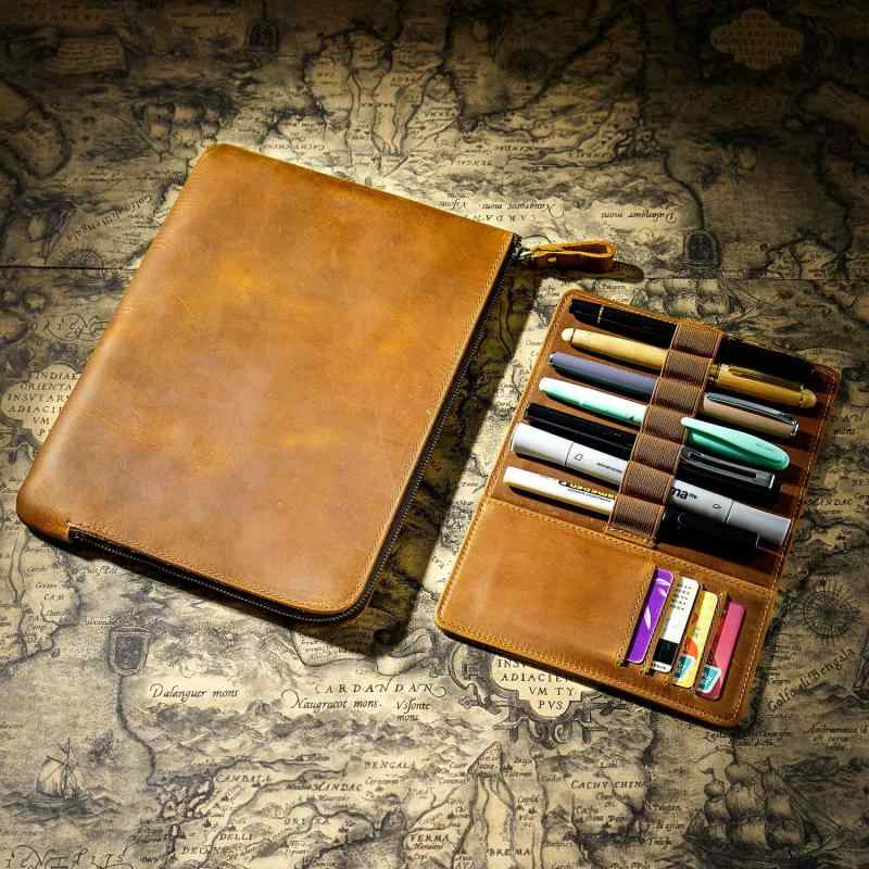 ペンケース 牛革 ファスナー レトロ 大容量 多本収納 持ち運び 文具ケース ビジネス オフィス クラッチ..