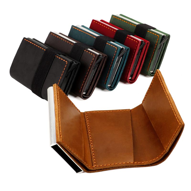 財布 メンズ クレイジーホースレザー 本革 牛革 スキミング防止 RFID対策 三つ折り コンパクト アルミカードケース 手動ポップアップ 大容量 ゴムバンド式 札入れ ウォレット 欧米風 レトロ ヴィンテージ ビジネス カジュアル