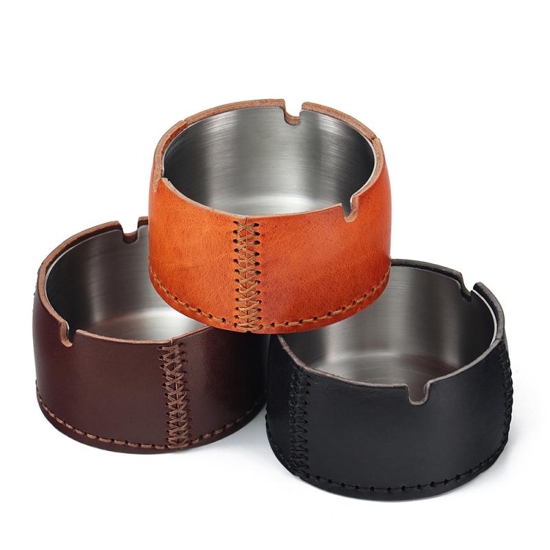 灰皿 タンニンなめし革 高級感 ステンレス製 レザーカバー 家庭用 オフィス ビジネス おしゃれ 卓上 アッシュトレイ ブラック ブラウン キャメル