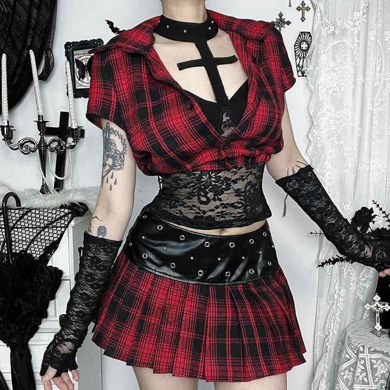 スカート 地雷系 ダーク系 サブカルチャー バインダー風 赤チェック 切り替え プリーツ ロングスカート..