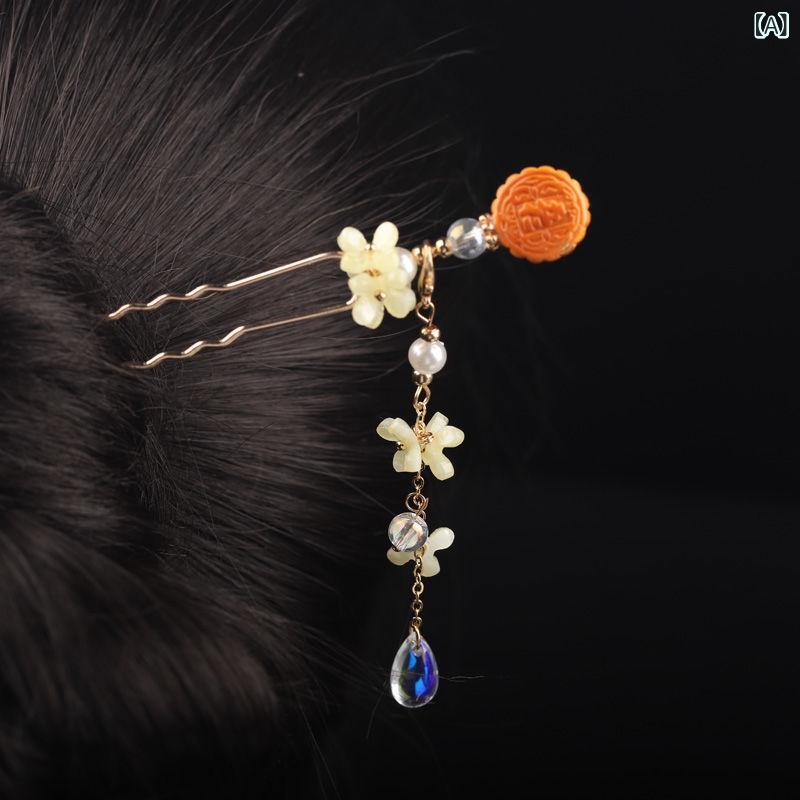 かんざし 中華風 金木犀 月餅モチーフ タッセル 揺れる シンプル まとめ髪 髪飾り ヘアアクセサリー チ..