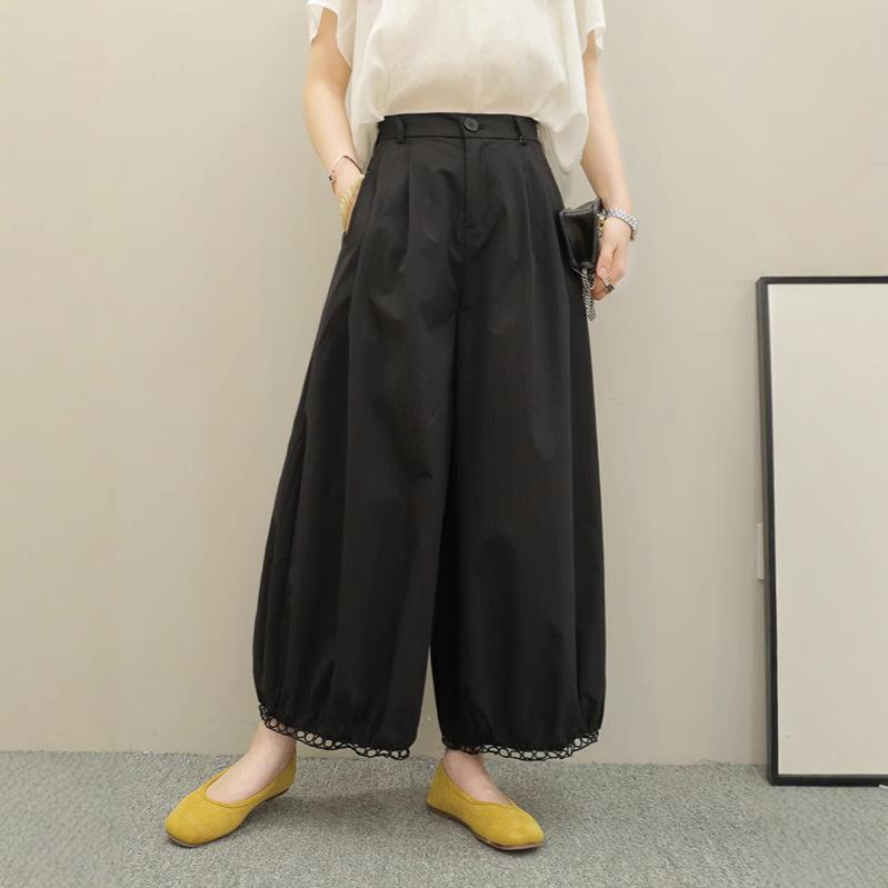 パンツ レディース 韓流 カジュアル ハイウエスト 薄手 ゆったり ワイドストレートパンツ クロップド丈 透かし編み 切り替え 綿混 ストレッチ 低身長向け 春夏 無地