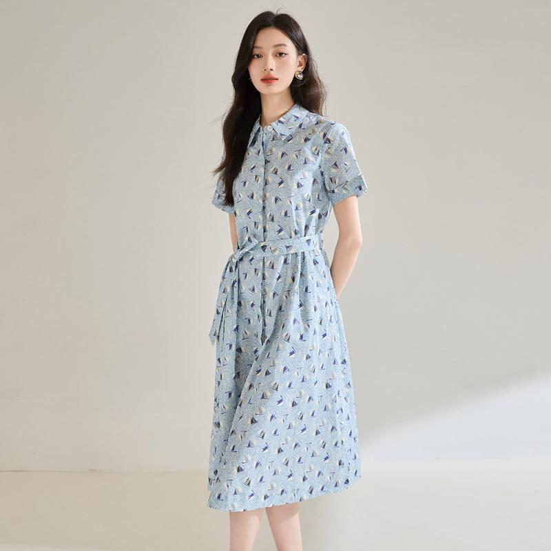 ワンピース レディース 夏 シワになりにくい 綿100% ブルー ヨット柄 プリント ラウンドネック ロング..