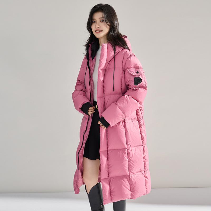 ダウンジャケット レディース ロング丈 フード付き スタンドカラー ホワイトダックダウン ゆったり ルーズ 保温 防寒 極厚 ポリエステル素材 秋冬 カジュアル 普段使い お出かけ ホワイト ピンク ブラック