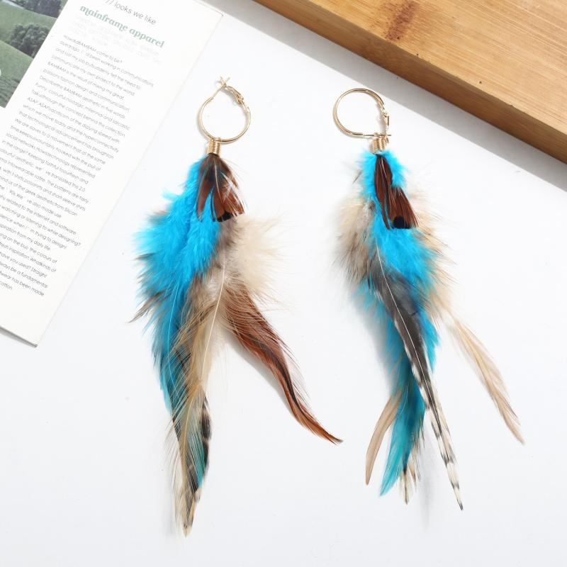 ピアス レディース 女性用 カラフル 羽根 フェザー エレガント ボヘミアン風 レトロ エスニック 銅製 フックピアス 幾何学模様 スカイブルー 春夏 ホリデー(x2)