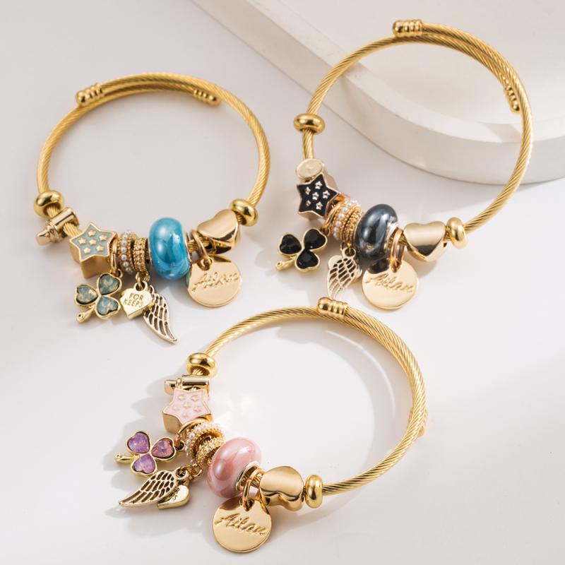 ブレスレット レディース ステンレス製 サイズ調整可能 ビーズ ジルコニア クローバー ウイング 幾何学モチーフ 個性的 デザイン 普段使い デイリー ブラック ブルー ピンク