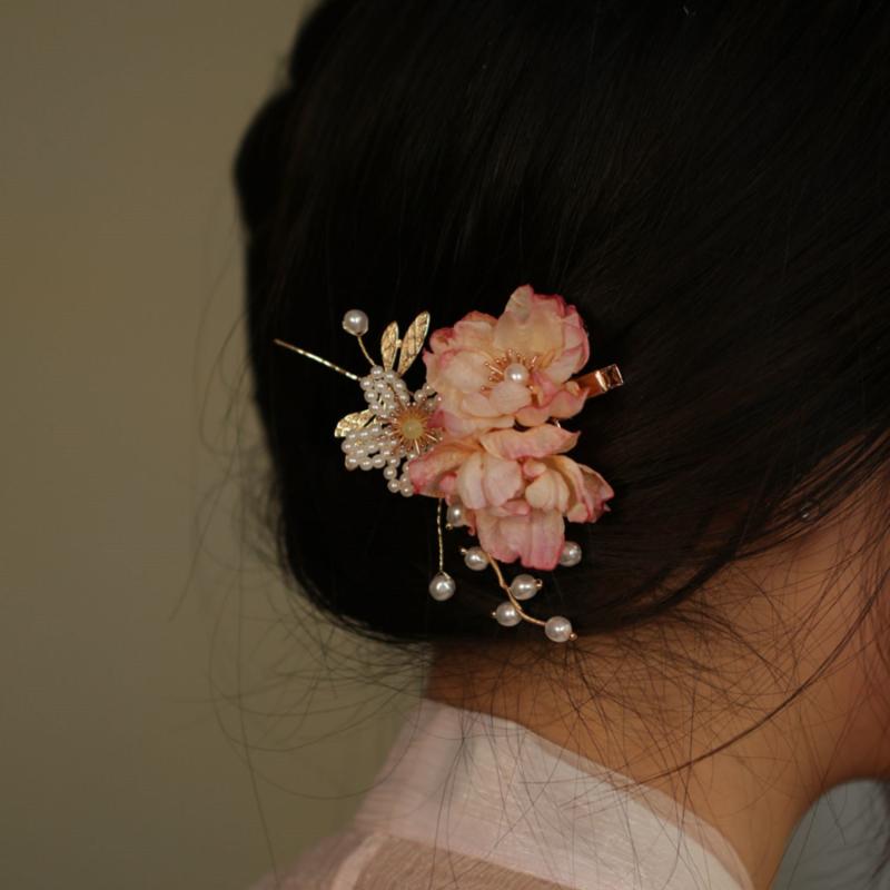 頭飾り レディース 中国風 漢服 唐風 クラシック レトロ ヘアクリップ フラワーモチーフ サイドクリッ..