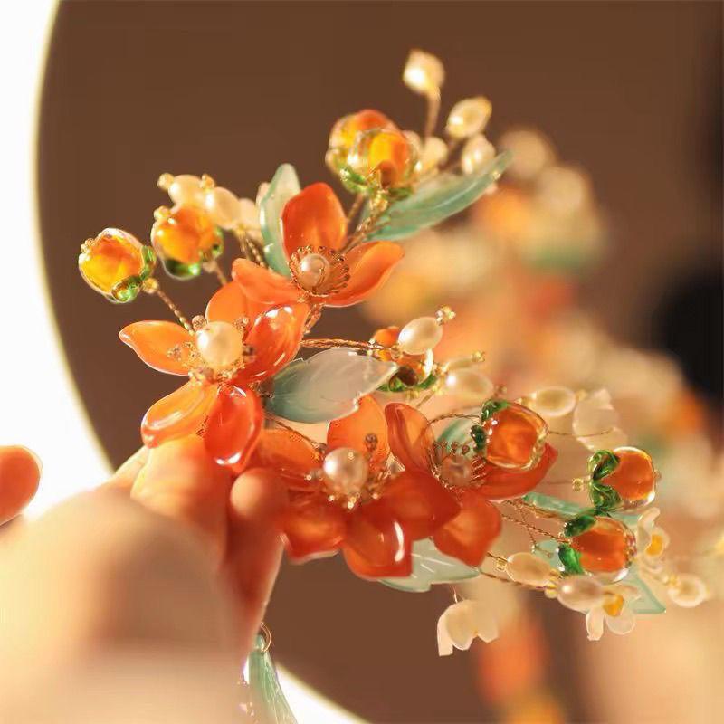 髪飾り キッズ 中国風 古典 漢服 唐風 花 フラワー タッセル 柿 アクリル 植物モチーフ ヘアクリップ ..