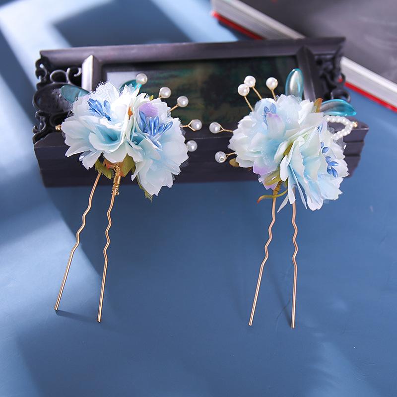 ヘアアクセサリー レディース 女性用 ブルー 青 シルクフラワー 絹花 アクリル 古風 レトロ 中華風 手作り ハンドメイド 髪飾りセット ヘアクリップ ペアク...