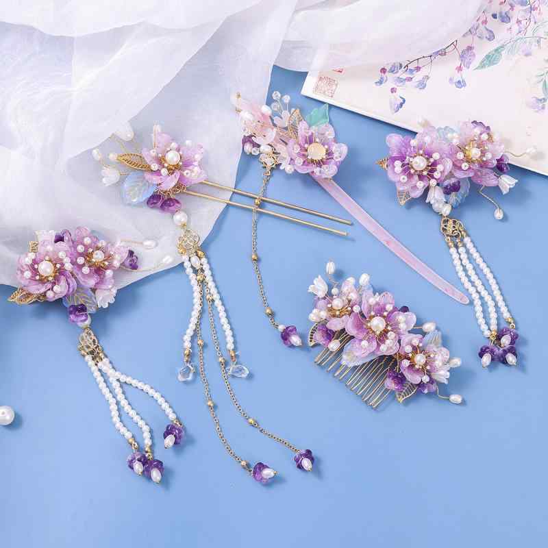 ヘアアクセサリー レディース 和風 中華風 レトロ 紫 花 タッセル 揺れる 歩揺 簪 かんざし ヘアコーム 櫛 ヘアピン 髪飾り 髪留め セット 成人式 卒業...