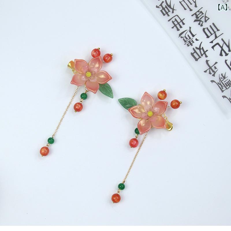 髪飾り 女の子 子供 古風 レトロ アンティーク風 花 フラワー カメリア タッセル ペアクリップ かわいい 上品 エレガント 合金製 漢服 和装 コスプレ イベント 発表会 ヘッドドレス(x2)