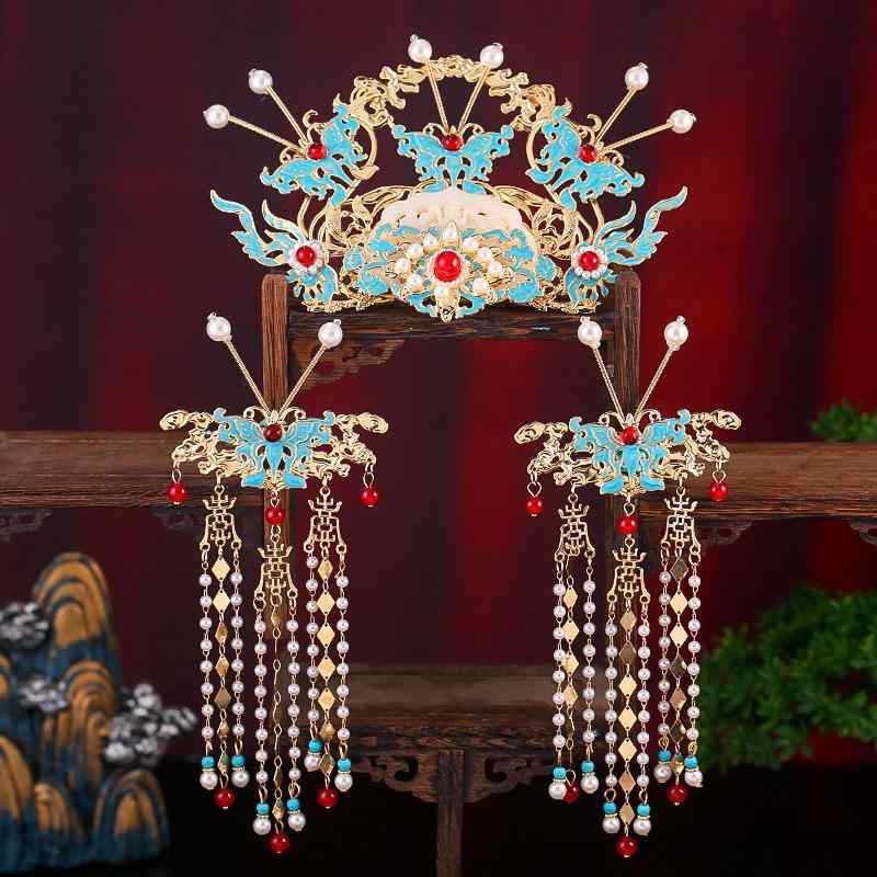 髪飾り レディース 女性用 中華風 古典 漢服風 結婚式 ウェディング 花嫁 鳳凰冠 かんざし ヘアクリップ バレッタ 髪留め 合金製 セット レトロ 優雅 パ...