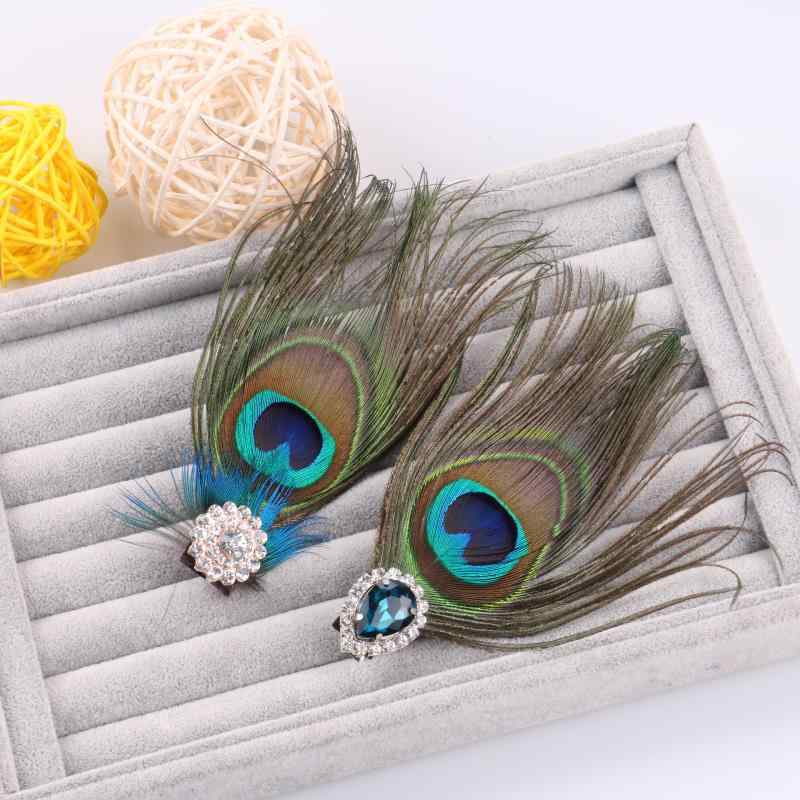 ヘアクリップ レディース 民族風 孔雀 羽毛 レトロ ハンドメイド ダッカールクリップ 髪飾り ヘッドドレス ブルー サークル型 ラインストーン(x2)