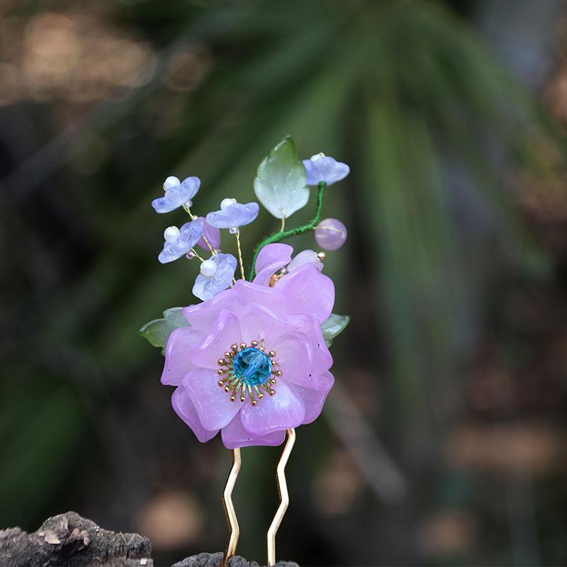 かんざし 和装小物 漢服風 中華風 瑠璃 蓮の花 U字 髪飾り ヘアアクセサリー アンティーク調 チャイナドレス パーティー 結婚式 イベント 発表会 成人式(...