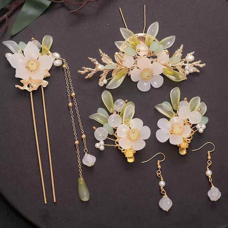 髪飾り レディース ハンドメイド スズラン 花モチーフ タッセル バレッタ ヘアクリップ 古風 レトロ アンティーク調 メタル製 フルセット 女性用 華やか エレガント 上品 ヘアアクセサリー