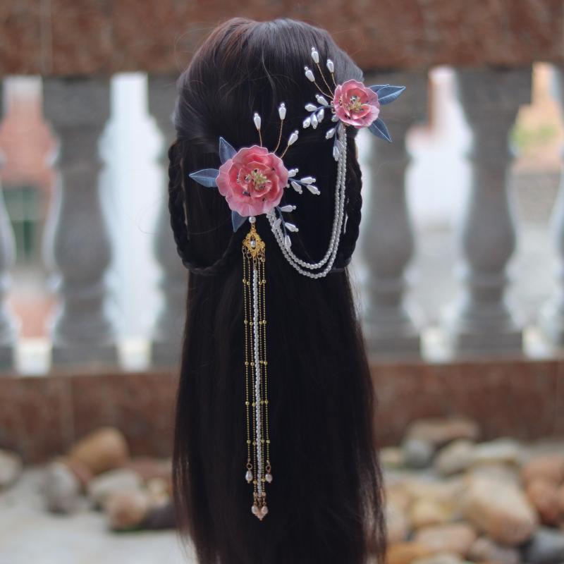 髪飾り 簪 ヘアクリップ 纏花細工 薔薇モチーフ パール パール 揺れるタッセル レトロ 古風 漢服 チャイナドレス ウェディング パーティー アクセサリー(x...