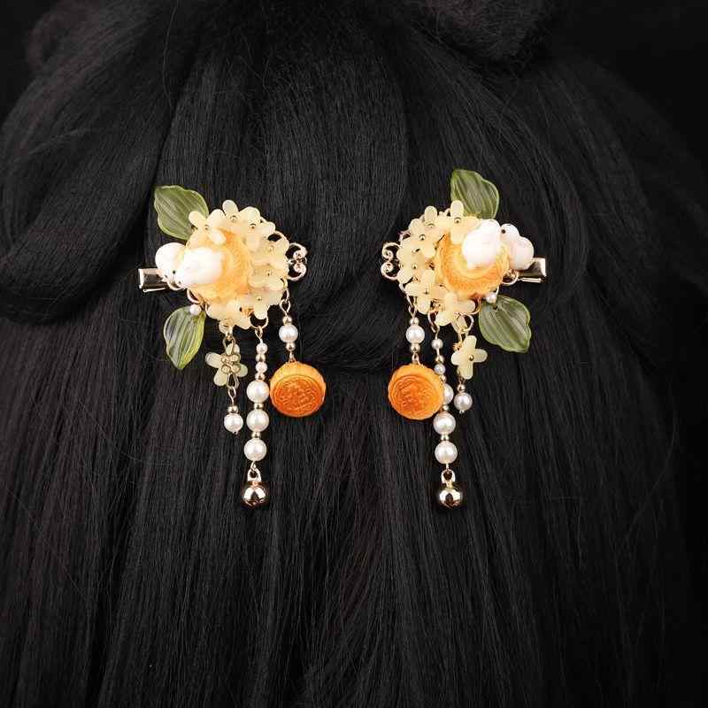 ヘアクリップ キッズ 女の子 子供用 漢服風 中華レトロ 古風 玉うさぎ 月餅モチーフ ペア 髪飾り レジ..