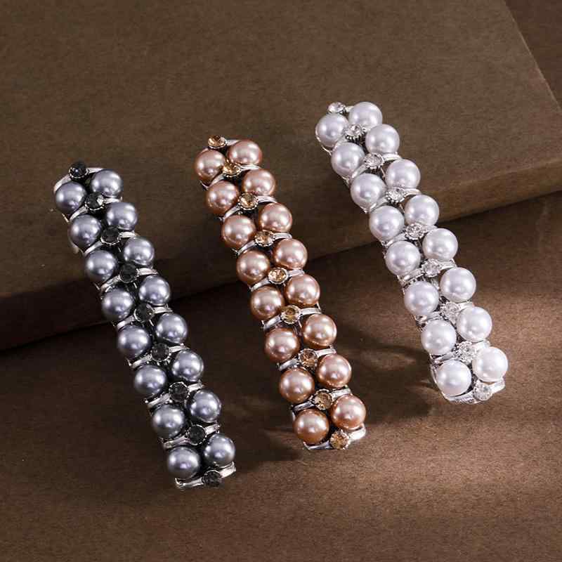 ヘアアクセサリー レディース 女性用 韓国風 ラインストーン パール バレッタ 髪留め ヘアクリップ ポニーテールクリップ スリーピン 合金製 レトロ おしゃれ 髪飾り 後頭部 横向き シャンパン ホワイト グレー 普段使い 春夏