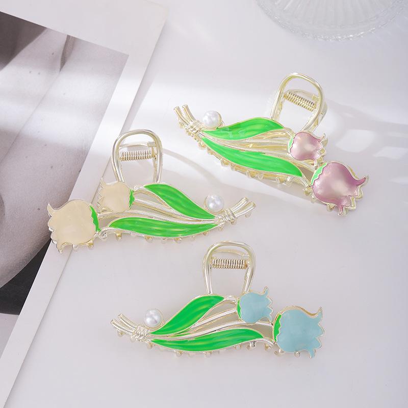 ヘアクリップ レディース 女性用 メタル チューリップ 2輪 フラワーモチーフ 韓国風 エレガント 上品 ..