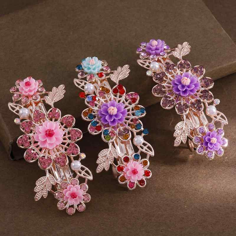 ヘアアクセサリー レディース バレッタ スプリングクリップ 古風 花 フラワー クリスタル ラインストー..