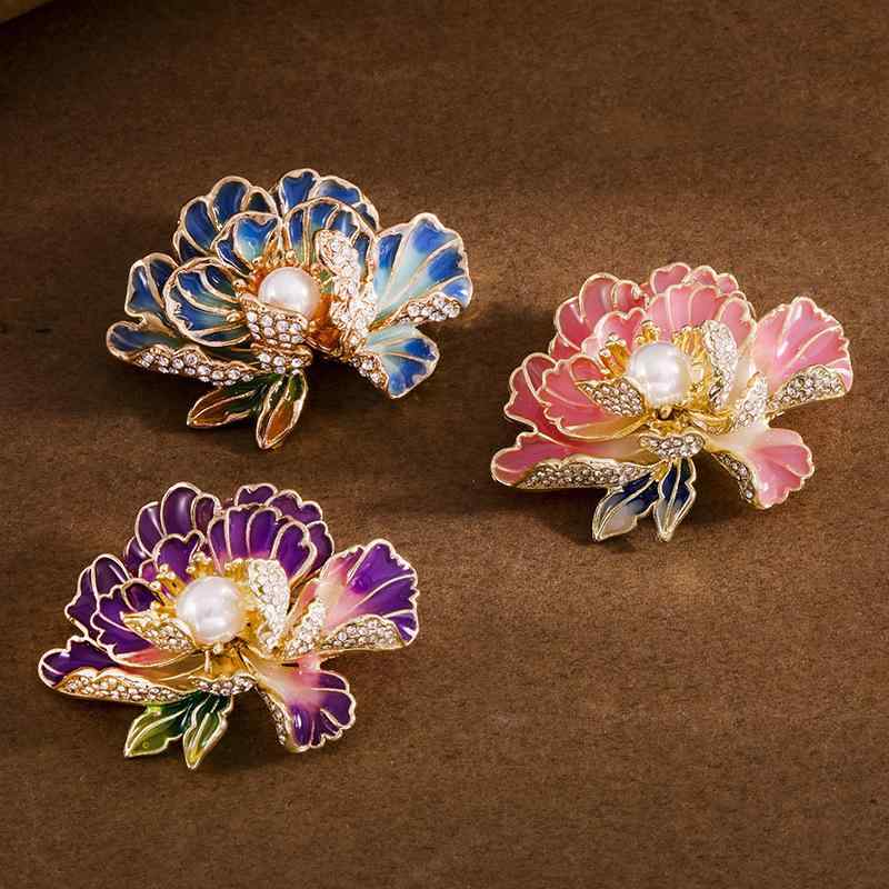 ブローチ 男女兼用 中国風 牡丹 花 大ぶり パール ラインストーン 高級感 エレガント オフィス フォー..