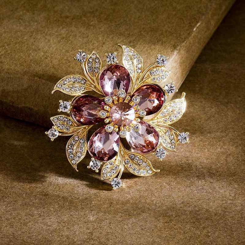 ブローチ ユニセックス レトロ ヴィンテージ クリスタルフラワー デザイン 立体 亜鉛合金 ゴールド お..