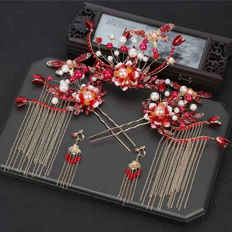 ヘッドドレス レディース 中国風 花嫁 ブライダル 秀禾服 鳳凰冠 歩揺 赤色 結婚式 ウェディング 豪華 ..