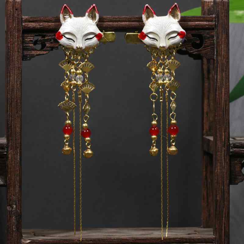 ヘアクリップ キッズ 女の子 キツネ モチーフ ペア 2個セット かわいい ロングタッセル レトロ 和風 ア..