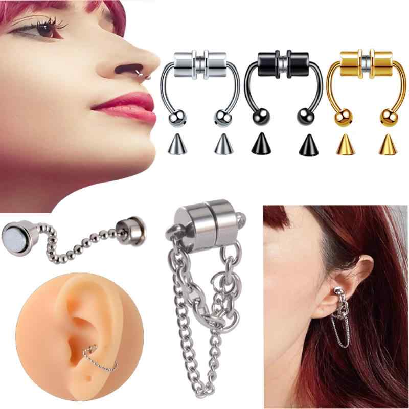 鼻ピアス ユニセックス マグネット ノンホール フェイク セプタムリング ステンレス製 ウェスタン 丸玉 コーン チェーン イヤリング ス..
