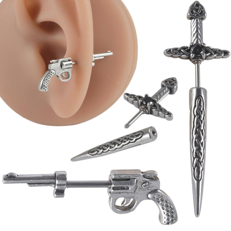 ピアス 男女兼用 ステンレス製 ボディピアス 軟骨ピアス 16G ストレートバー 外ネジ ピストルモチーフ 十字架デザイン 光沢仕上げ クール ファッション(x2)