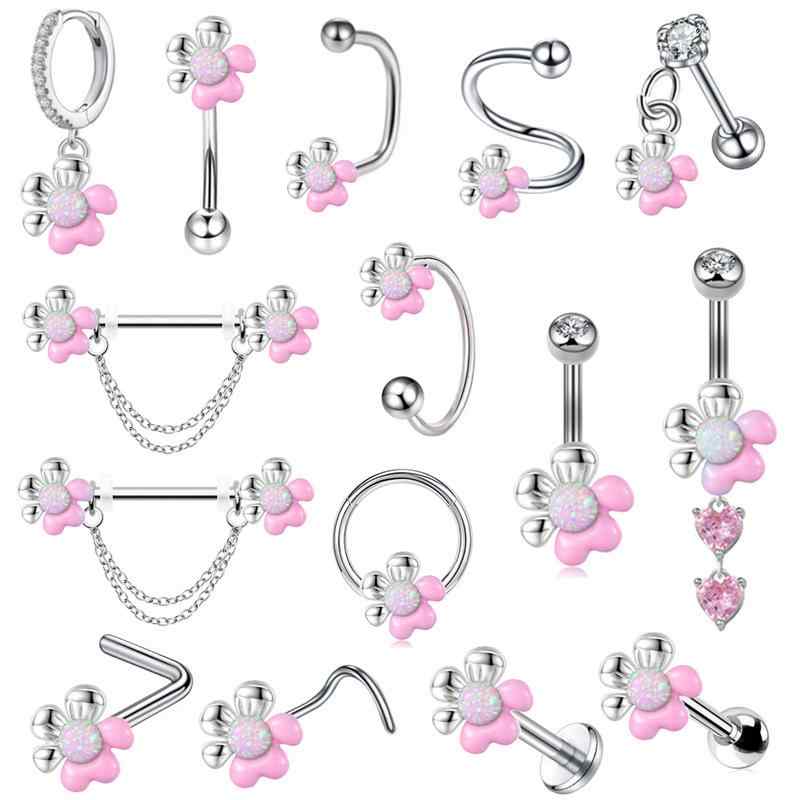 ボディピアス 男女兼用 ステンレス ジルコニア シンプル 欧米風 口 耳 軟骨 へそ 乳首用 アクセサリー ハート フラワーデザイン 電気メッキ加工