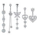へそピアス ユニセックス 花 ハート ロングドロップ 揺れる CZジルコニア サージカルステンレス ネジ式 カジュアル 普段使い 白 ピンク 青 アソートセット