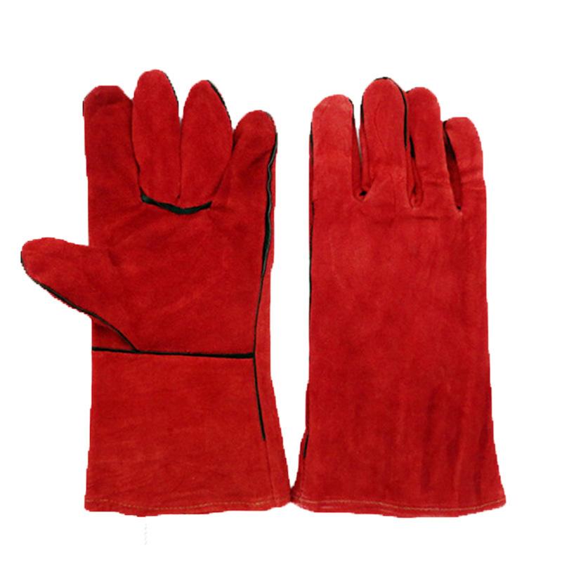 溶接手袋 牛革 厚手 ロング丈 断熱 耐熱 防炎 難燃 溶接工向け 作業用 グローブ 工場 建設業 赤色