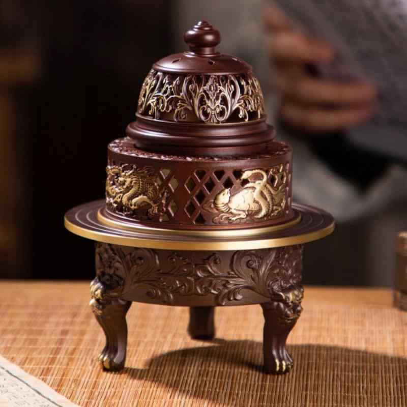 香炉 純銅製 円形 四神獣 三本脚 倒流香 渦巻き線香対応 木製蓋付き 家庭用 室内用 レトロ 禅風 中華風..