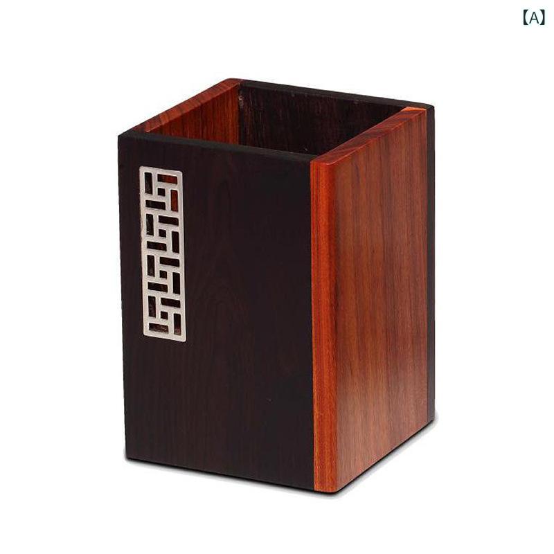 ペン立て 紅木 透かし彫り 銀象嵌 木製 四角形 中国風 デスク整理 卓上収納 小物入れ オフィス 書斎 ビジネスギフト 贈答品 記念品