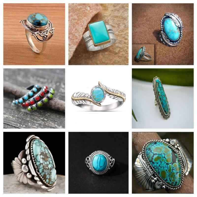 指輪 男女兼用 レトロ ターコイズ 宝石 ジュエリー アクセサリー ウェディング ブライダル 婚約 結婚式 金属製 電気メッキ加工 幾何学デザイン