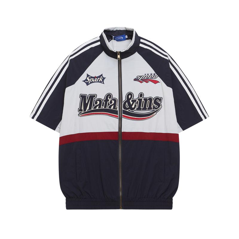 シャツ メンズ アメカジ ストリート レーシング カジュアル 刺繍 半袖 スタンドカラー ジップアップ ゆ..