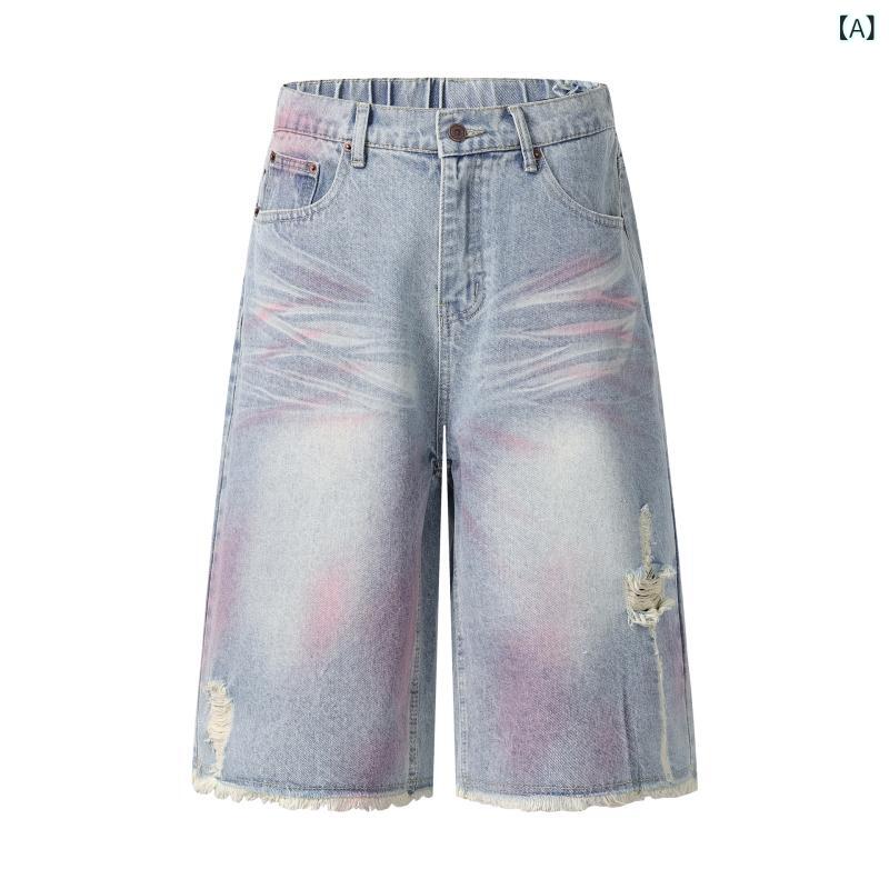 デニムパンツ 男性用 七分丈 ダメージ加工 ウォッシュ加工 フリンジ ワイドシルエット ゆったり コットン ブルー カジュアル ストリート 個性的なデザイン 春夏