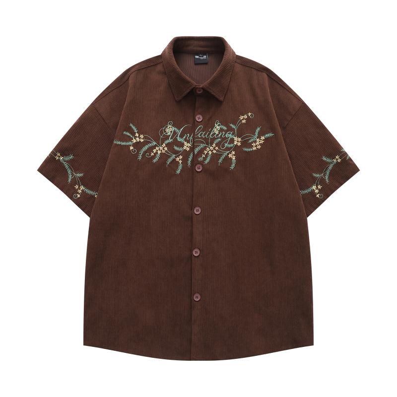 シャツ ユニセックス 花柄 刺繍 コーデュロイ 半袖 ゆったり ルーズフィット リラックス アメリカンレ..