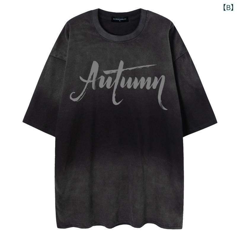 Tシャツ ユニセックス アメリカンレトロ クルーネック ロゴプリント ウォッシュ加工 ヴィンテージ風 オーバーサイズ ビッグシルエット 綿100% 半袖 トップス ストリート カジュアル 普段使い 春夏 通気性