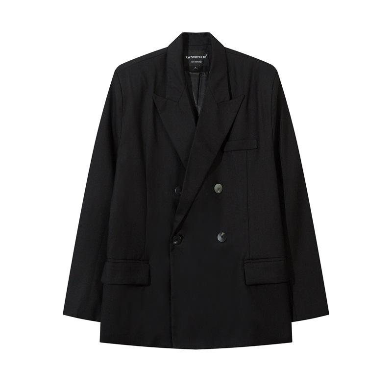 ・カテゴリ: カジュアルジャケット・スタイル: トレンド・ターゲット層: 若者, 大人・性別: メンズ・主な素材: ポリエステル80%・ネックライン: テーラードカラー・袖丈: 長袖・着丈: 標準・シルエット: ルーズフィット・柄: 無地・前立て: ダブルブレスト2つボタン・ベンツ: センター・ポケット: パッチ・裾デザイン: ストレート・シーン: カジュアル・機能: 色落ちしにくい・カラー展開: ブラック・サイズ展開: S, M, L, XL