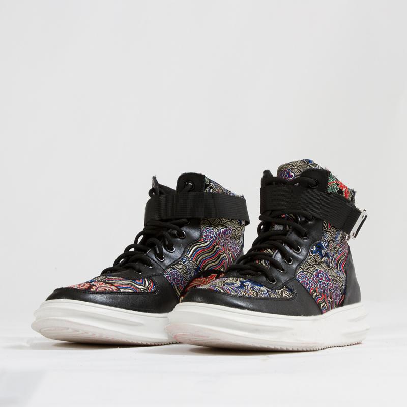 靴 メンズ ハイカット レースアップ 刺繍 切り替え 中国風 民族調 レトロ 個性的 トレンド 合成皮革 フ..